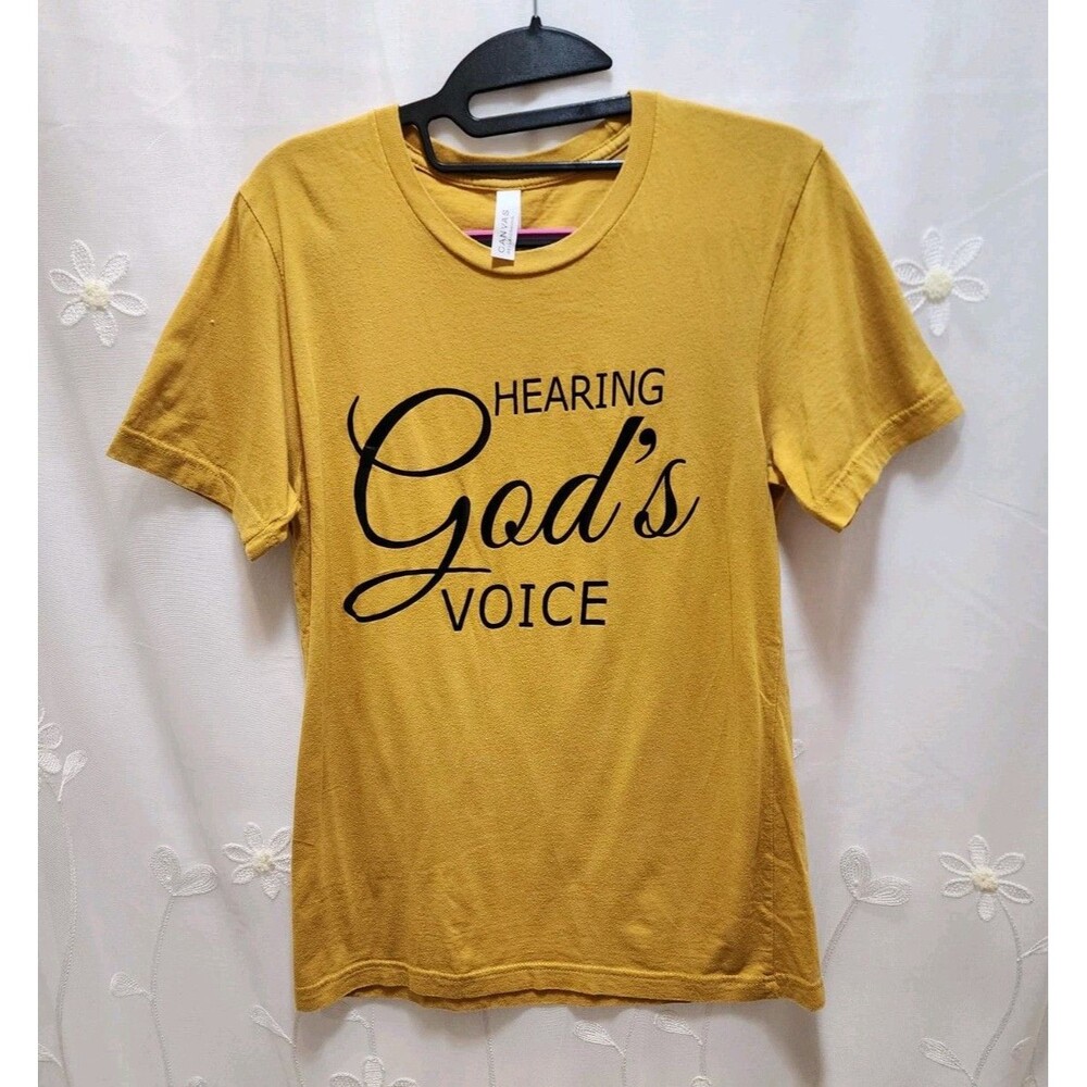 BELLA + CANVAS WOMANS SMALL YELLOW MUSTARD T-SHIRT "HEARING GODS VOICE" FAITH